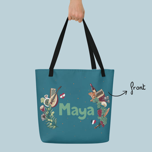 Large casual bag: personalized with your name and elements of your country/ies